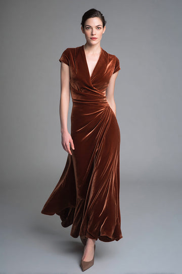 Velvet Caramel Ruched V Neck Long Holiday Party Dress